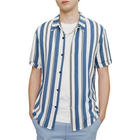 Elevenparis Mens Striped Button Up Shirt, bluestone, L Neck - Picture 1 of 3
